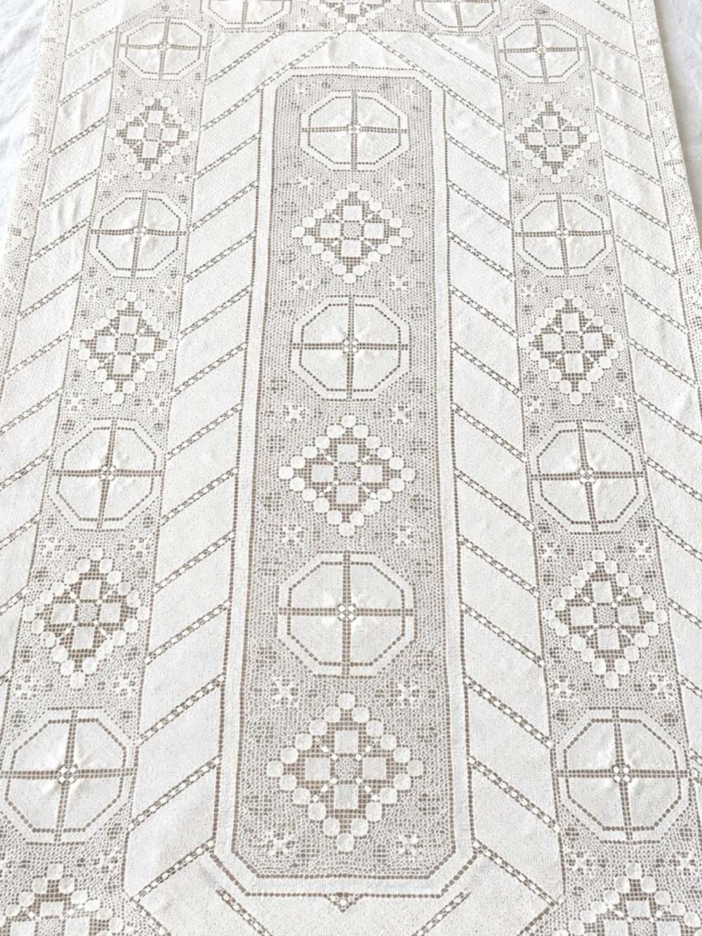 Vintage Filet Crochet Lace Tablecloth Bedspread 66x134 Cottagecore Handmade